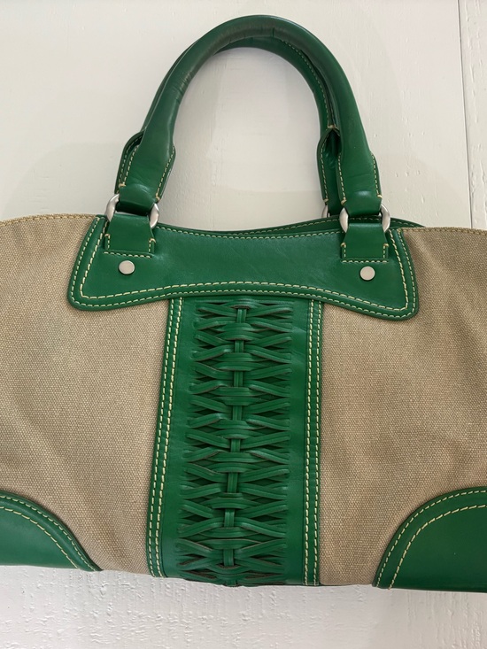 Handbags - Cole Hann Green & Beige Leather-Trim Canvas Tote Bag